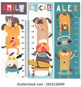 Kids height chart with funny dogs in doodle cartoon style. Vector Illustration. Growth measure for nursery design. Great for girl and boy. Cute pets theme.