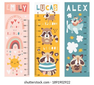 Kids height chart with funny raccoons in boho cartoon style. Vector Illustration. Childish meter wall for nursery design with cute raccoon. Great for girl and boy.