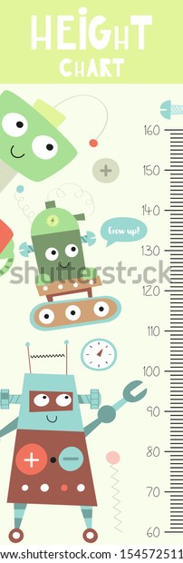 Kids height chart with funny robots in\
Scandinavian style. Vector Illustration. Childish meter wall for\
nursery design.