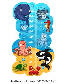 Gráfica de altura infantil con divertidos animales marinos, medidor de crecimiento o estadiómetro infantil. Medir pegatina de pared de escala vectorial de regla con dibujos de tortuga marina tierna, pulpo, ballena y cangrejo, medusas y tiburón