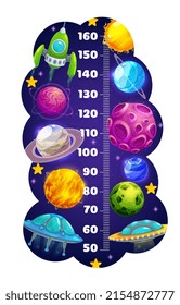 Kids height chart with galaxy space planets and spacecrafts. Children growth chart or child height meter vector background, kids growth measure ruler with alien galaxy planets, stars and starships