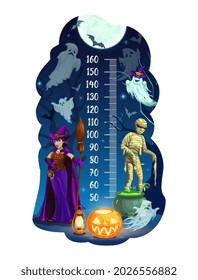 Gráfica de altura infantil, monstruos de Halloween y medidor vectorial de fantasmas. El crecimiento de los niños mide la escala de regla o la pegatina de pared del estadiómetro con fondo nocturno de Halloween, bruja de dibujos animados, calabaza, momia y murciélagos