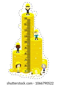 Kids height chart with high coin tower and engineer,businessman,Crypto currency ,Cartoon Vector illustration