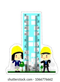 Kids height chart with high tower and engineer,ecosystem
,Cartoon Vector illustration