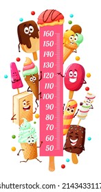 Gráfica de altura infantil con postres de helado y personajes de dibujos animados, medidor de crecimiento vectorial. Gráfica de regla o altura para niños con postres helados de helado, chocolate y gelato de fruta en conos de wafer