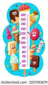 Gráfica de altura para niños con postres de helado. Medidor de crecimiento del estadiómetro vectorial de dibujos animados, pegatina de pared de medición de altura con cono de helado, pala, gelato y esquimo, caracteres graciosos de frutas o gofre