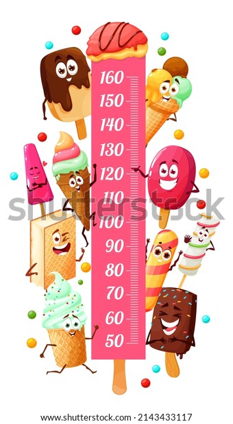 Kids height chart with ice cream desserts and\
cartoon characters, vector growth meter. Child measure ruler or\
height chart with frozen icecream desserts, chocolate and fruit\
gelato in wafer cones