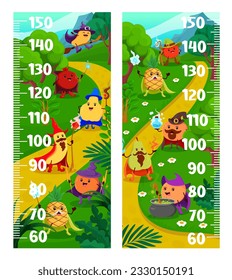 Kids height chart measure ruler with cartoon Halloween fruit wizards and mages. Vector growth meter with peach, banana, pineapple and garnet, orange with quince, apple, pear and mango wall scale