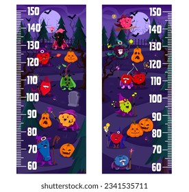 Kids height chart measure ruler. Cartoon Halloween berry wizards at night cemetery. Vector growth meter with strawberry, raspberry, blueberry, blackberry, cloudberry or cranberry with cherry witches