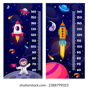 El gráfico de altura de los niños mide la regla con naves espaciales y planetas galaxiales en el paisaje del espacio estrellado. Vector mide la escala de la pegatina de pared con personaje astronauta de niño de dibujos animados, cohetes, OVNI y estrellas