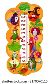Kids height chart meter with cartoon vegetables wizards and mages, vector growth meter. Child tall scale and height chart with tomato and spinach magician, cucumber and pumpkin wizard with magic wand