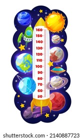 Kids height chart meter with space rocket, ships, planets, asteroid and Sun. Cartoon vector growth measure scale with shuttle take off in outer space. Wall sticker for height measurement with rocket