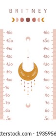 Kids height chart. Meter wall with cute boho moon. Vector illustration in doodle cartoon style. Childish growth chart. Poster template for nursery design.