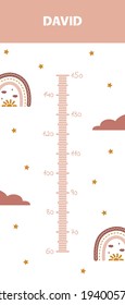 Kids height chart. Meter wall with cute boho rainbow. Vector illustration in doodle cartoon style. Childish growth chart. Poster template for nursery design.
