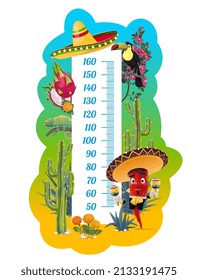 Kids height chart with Mexican cartoon characters, vector growth meter ruler scale with chili pepper in mexican sombrero with maracas, agave and dragon fruit, cactus and toucan bird with chameleon