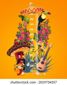 Kinder Höhenkarte, mexicanische Chilischoten Wachstumsmesser mit Cartoon Vektor jalapeno mariachi mit Gitarre, Toucan, Bougainville Blumen und Guava mit Agave Pflanze. Skala für die Messung der Kinderhöhen