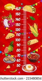 Kids height chart mexican food and fruits vector growth ruler. Wall sticker with Mexican cuisine meals bean soup, fried egg, fruit tamale, enchilada, tacos, burrito, corn, guava, star or dragon fruit