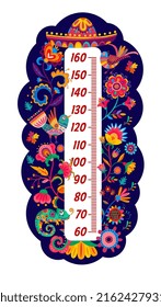 Kids height chart. Mexican sombrero, flowers, birds and chameleon. Growth meter ruler, children growth centimeters scale vector sticker or kids height chart with mexican flower ornaments, funny lizard