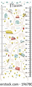 Kids height chart with road maps and cars. Cute vector illustration in simple hand-drawn cartoon Scandinavian style. The limited palette is ideal for printing. Childish meter wall for nursery design