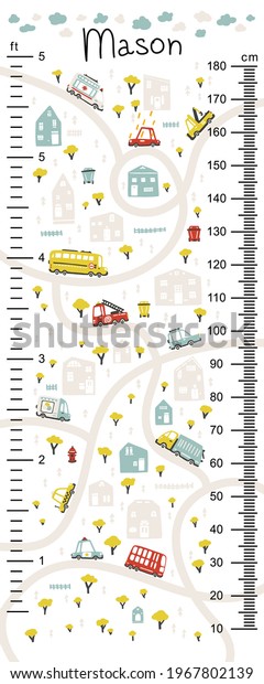 Kids height chart with road maps and cars. Cute\
vector illustration in simple hand-drawn cartoon Scandinavian\
style. The limited palette is ideal for printing. Childish meter\
wall for nursery design
