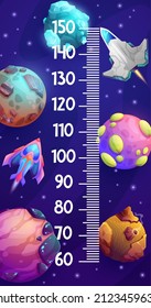 Kids height chart ruler with cartoon space planets, stars and starship, vector measure meter. Child tall scale or measurement chart with galactic rocket shuttles and cosmic spaceships in outer space