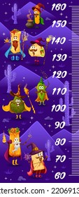 Kids height chart ruler, cartoon Tex Mex Mexican food wizards characters, vector growth meter. Baby tall size measure ruler with burrito mage, taco warlock and tamale sorcerer with jalapeno pepper