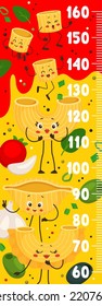 Kids Height Chart Ruler. Cartoon Italian Pasta Characters Growth Measure Meter With Scale. Vector Personage Of Cute Macaroni Food, Wall Stadiometer Sticker With Funny Conchiglie, Creste And Ditalini