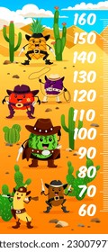Kids height chart ruler, cartoon western cowboy, sheriff and robber fruits characters. Vector growth meter, wild west wall sticker scale with plum, kiwi, watermelon or apple, banana and pineapple