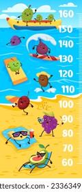 Kids height chart ruler cartoon funny fruits on summer beach. Vector growth meter with jackfruit, plum, figs and kiwi. Passion fruit, grapes, melon and avocado characters relax at seaside wall sticker