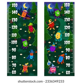 Kids height chart ruler cartoon mineral and micronutrient wizards. Vector growth meter with Zn, Se, Cl, Cu and Ca. K, Fe, P, Mg or Na supplements capsules. Wall sticker for children height measurement