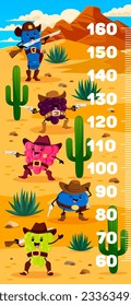 Kids height chart ruler, cartoon western berry cowboy, sheriff, ranger and bandit characters. Vector growth meter, wall sticker with funny honeyberry, blackberry, strawberry and blueberry with grapes