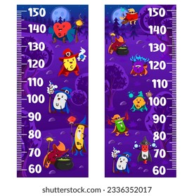 Kids height chart ruler, cartoon vitamin wizards and sorcerers. Vector growth meter, wall sticker for children height measurement with D, C, U and B6 with P, B12, E and B1 with B9 funny characters