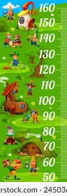 Kids height chart ruler, cartoon garden gnome and dwarf characters. Children growth measure scale, height chart vector wall sticker with fairy village houses, cute gnome, elf and dwarf personages