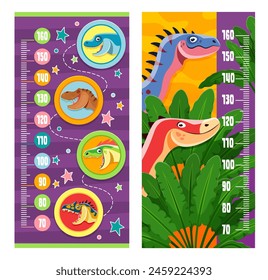 Kids Height Chart Lineal mit Cartoon Dinosaurier für Baby Maß, Vektorgrafik Hintergrund. Lineal- oder Größentabelle mit lustigem Jurassic Dino, niedlichem T-Rex oder Velociraptor im Dschungelwald