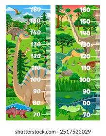 Kinder Höhendiagramm Lineal mit Cartoon Dinosaurier in einer spielerischen prähistorischen Landschaft. Vektor-Wachstumsmesser, Wandaufkleber für Kinder Höhenmessung mit lustigen Dino-Zeichen und Stadiometer-Skala