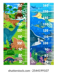 Kids height chart ruler with cartoon prehistoric dinosaurs characters and underwater creatures. Vector growth meter with funny reptiles encourages growth tracking for children rooms or classrooms