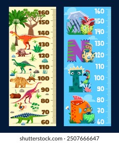 Kids height chart ruler with dino kids and prehistoric dinosaurs. Vector growth meter scale with cartoon monolophosaurus, doedicurus, anchisaurus, pachyrhinosaurus, wannanosaurus, saichania, raphus