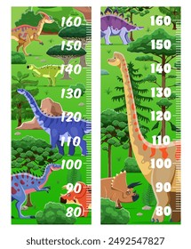 Kids height chart ruler with funny dinosaurs for baby growth measure, vector cartoon background. Kids height ruler or tall measure chart with funny Jurassic dino and cute lizard reptiles in jungle