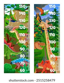 Régua da carta de altura das crianças com dinossauros pré-históricos engraçados. Medidor de crescimento vetorial, escala de adesivo de parede para crianças medição de altura com desenhos animados personagens animais dino engraçado na floresta tropical selva