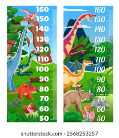 Kids height chart ruler with funny dinosaurs against a lush tropical forest background. Cartoon vector growth measurement scale for children rooms, showcases playful prehistoric dino creatures