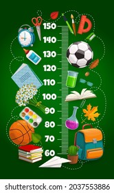 Kids height chart ruler, growth meter with schoolbag, book, sport balls and education stationery. Vector wall sticker for children height measurement with cartoon student stuff and stadiometer scale