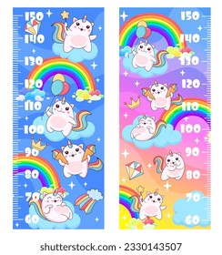 Kids height chart ruler with magic caticorn cat and kitten characters. Vector growth meter, wall sticker scale for children height measurement with cartoon heavenly feline unicorn fantasy personages