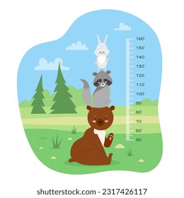 Kids height chart, ruler with millimeter scale to measure growth of child vector illustration. Cartoon funny tower of raccoon, rabbit and bear sitting on green summer meadow, in cute landscape