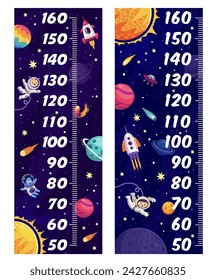 Kids height chart rulers with galaxy space planets, stars, spaceships and astronauts. Vector growth chart, measuring ruler scale with cartoon galaxy universe spaceman characters and space landscape