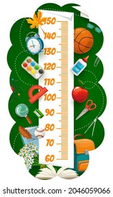 Kids height chart with school book and bag, stationery and sport items. Children height centimeters scale, child height chart or kids growth meter with basketball ball, paint and paints, schoolbag