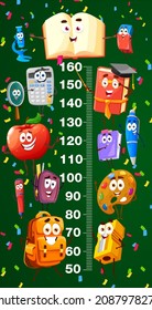 Kids height chart with school books and stationery characters. Growth meter ruler on vector background of blackboard with pencil, pen and backpack, calculator, microscope, paint, stadiometer sticker
