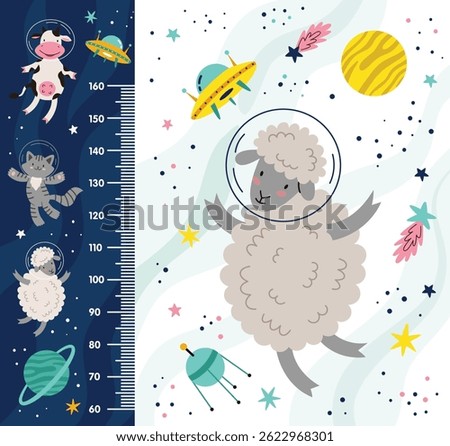 Kids height chart, space, cute animal astronauts in outer space. Height meter. Cartoon vector flat illustration
