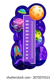 Kids Height Chart With Space Planets, Growth Measure Meter Ruler. Cartoon Rockets And UFO In Galaxy With Stars. Vector Wall Sticker Scale Of Children Height Measurement. Universe Fantasy Planets