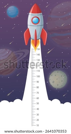 Kids height chart with space rocket launch in universe