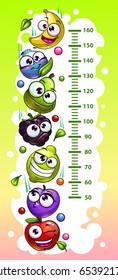 Kids height chart template with funny cartoon fruit and berry characters. Vector illustration.